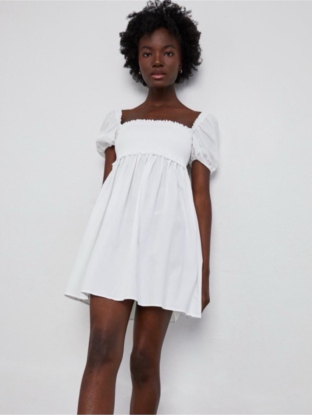 Aritzia White Smocked Square-Neck Mini Dress